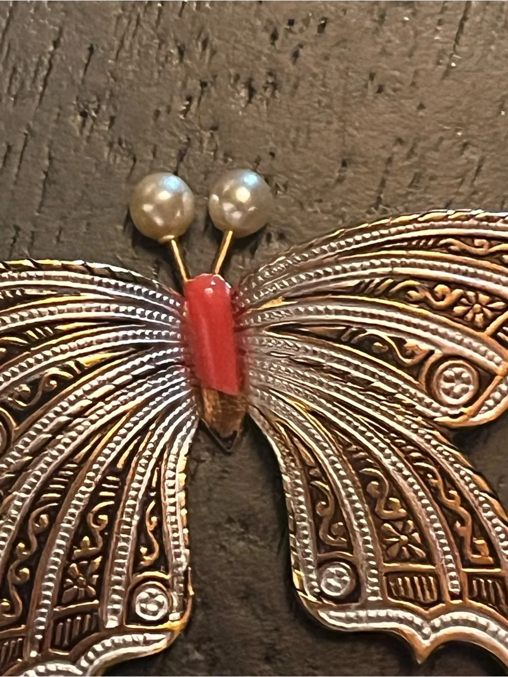 Vintage Damascene Butterfly Brooch with Red Accent and Pearl Antennae